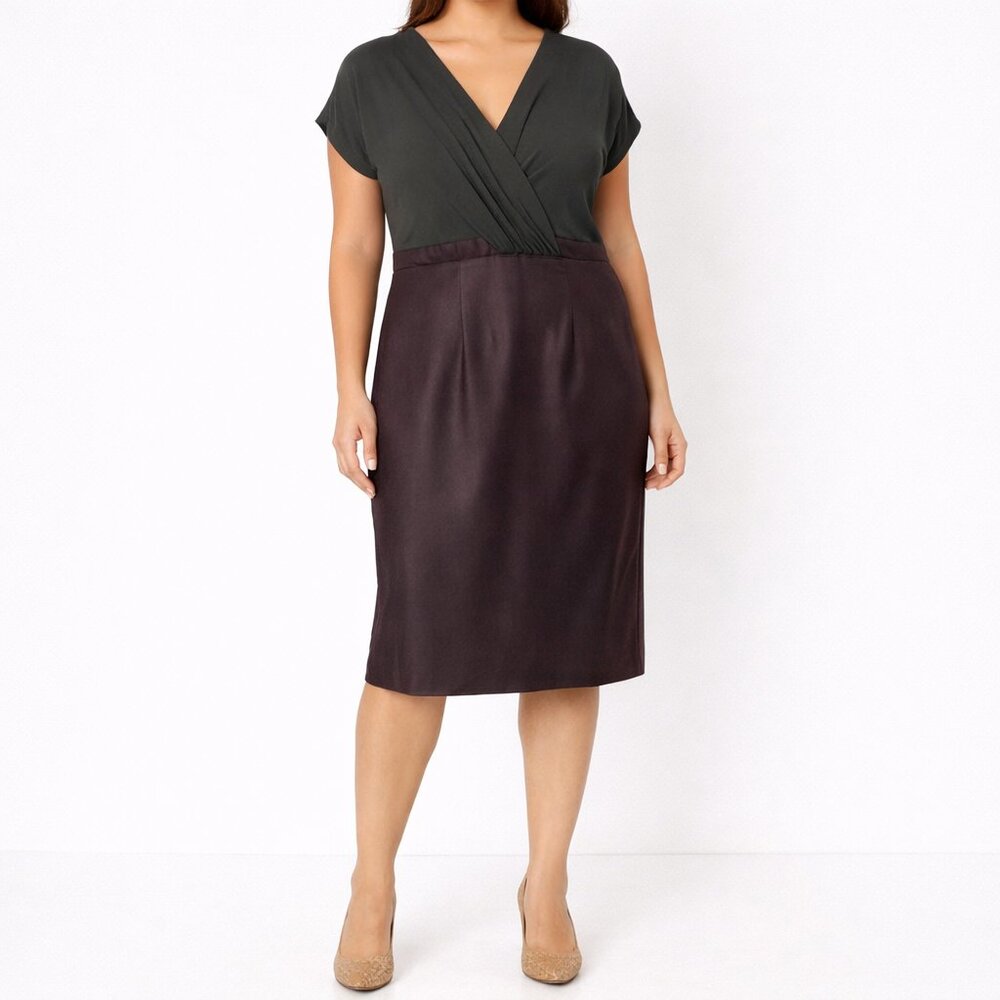 \Max Mara Brown Sheath Dress Cross Wrap Knit Top Silk Wool Skirt EU 42